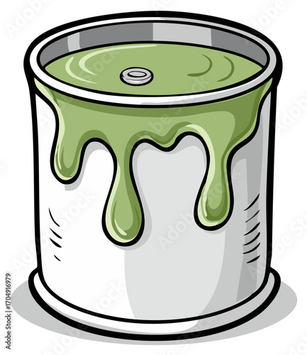 Cartoon depiction of a paint can with green liquid spilling down the sides