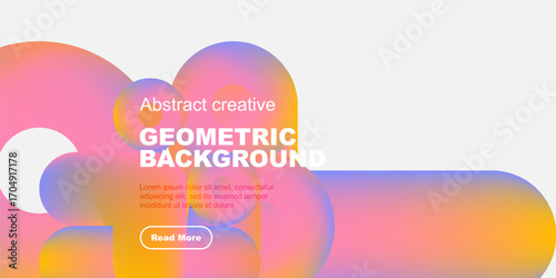 Abstract colorful shapes overlap black background. Text promotes further information via button. Modern design elements present.