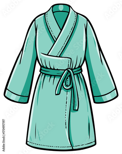 Cartoon illustration of a mint colored robe or bathrobe with belt.