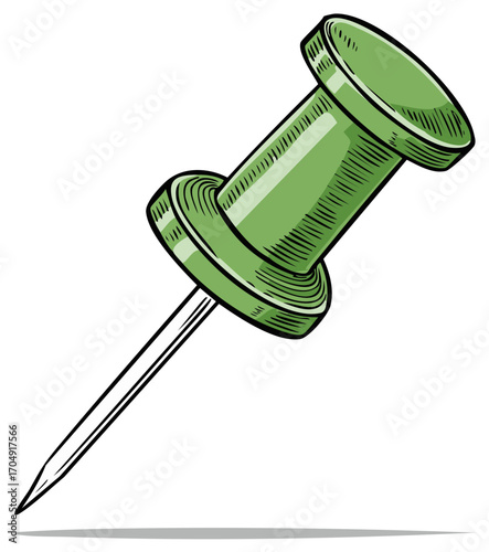 Green pushpin with sharp metal pin and distinct shading, presented as a drawing.