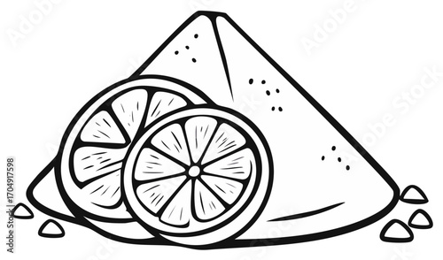 Halved Lemons with Lemon Wedges, Black and White Outline