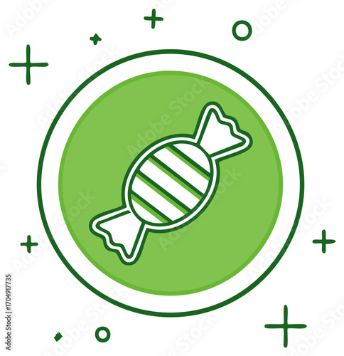 Simple line icon of a striped sweet candy in a green wrapper