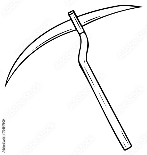 Stylized illustration of a scythe, a curved blade attached to a long handle, representing a tool and symbol