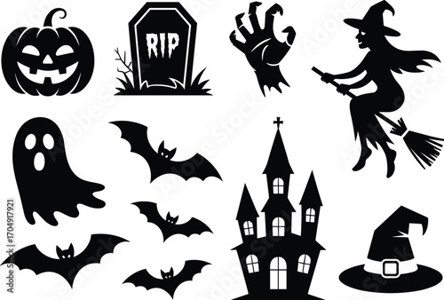 Halloween spooky black silhouettes pumpkin ghost bats witch graveyard tombstone haunted house and creepy hand vector icons set.