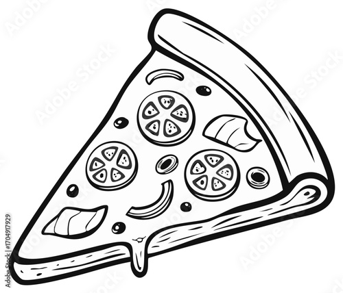 Hand Drawn Pizza Slice Featuring Sliced Tomatoes, Olives, and Dripping Cheese Outlines
