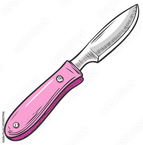 Illustration of a pink and silver kitchen knife for cutting and food preparation.