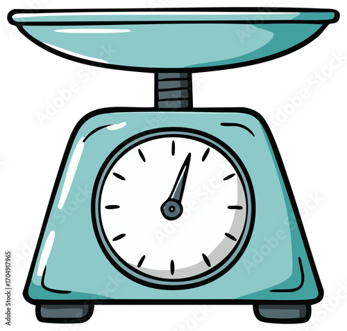 Cartoon teal kitchen scale with weighing pan and analog dial illustration