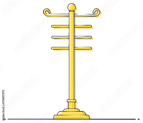 Yellow minimalist standing drying rack with multiple horizontal bars clean line art