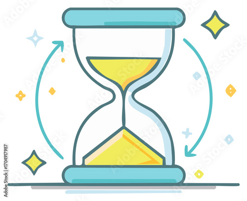 Cartoon hourglass icon with flowing sand and cycle arrows symbolizing time management