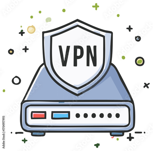 VPN shield protects network router doodle art with playful elements