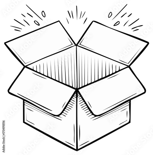 Open cardboard box with radiating lines above indicating surprise or discovery