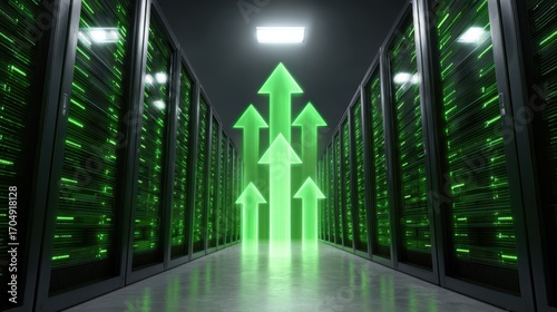 Data center with glowing green arrows pointing upward into the sky, symbolizing rising capital expenditure in the data center, database, and AI business.