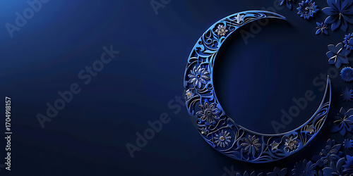 Ornate crescent moon with intricate floral details on a deep blue background.