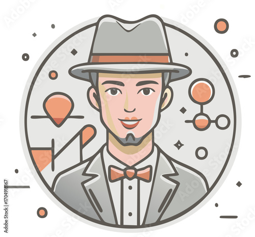 Stylish Man with Bowtie and Hat Avatar in Circle Featuring Science and Location Icons