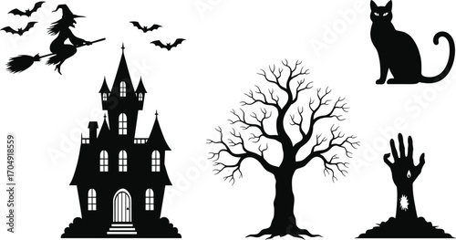 Halloween spooky castle with witch, bats, black cat, zombie hand, and creepy dead tree silhouettes for Halloween party decoration design