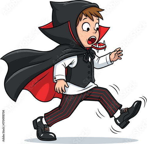 Scared little boy dressed as a vampire running away