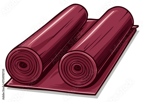 Two rolled yoga mats in a rich red color, ready for exercise and wellness activities