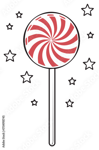 Red Striped Swirl Lollipop with Stars Candy on Stick Drawing Art