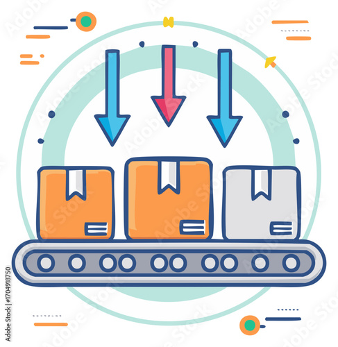 Boxes moving on a conveyor belt with arrows, vector illustration.
