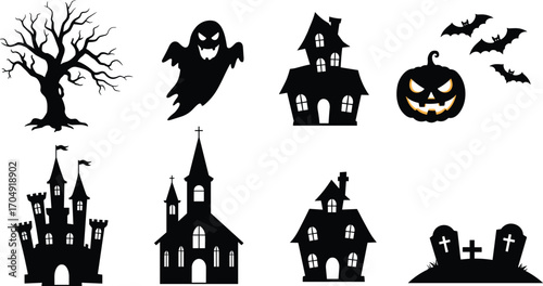 Halloween spooky haunted tree, ghost, haunted house, scary pumpkin, bats, castle, church, graveyard with tombstones, perfect vector illustration.