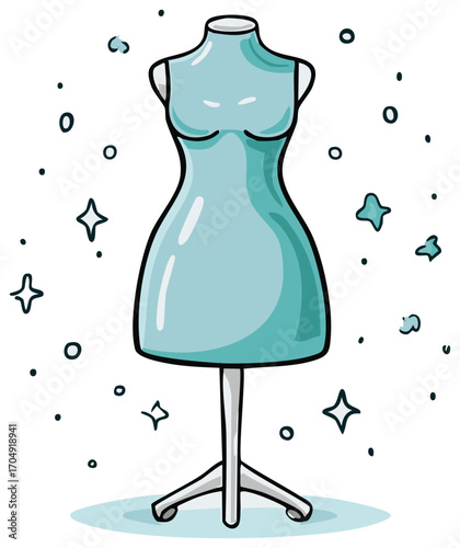 Cute turquoise dress form with sparkling stars and circles around it in a playful doodle style