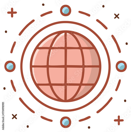 Stylized Globe with Orbiting Elements Illustration: Global Connections, Worldwide Network, International Reach Icon