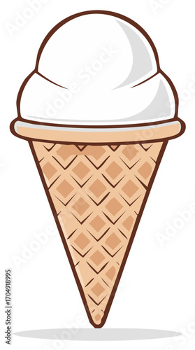 Simple cartoon illustration of a delicious white scoop ice cream in a classic waffle cone a sweet summer dessert