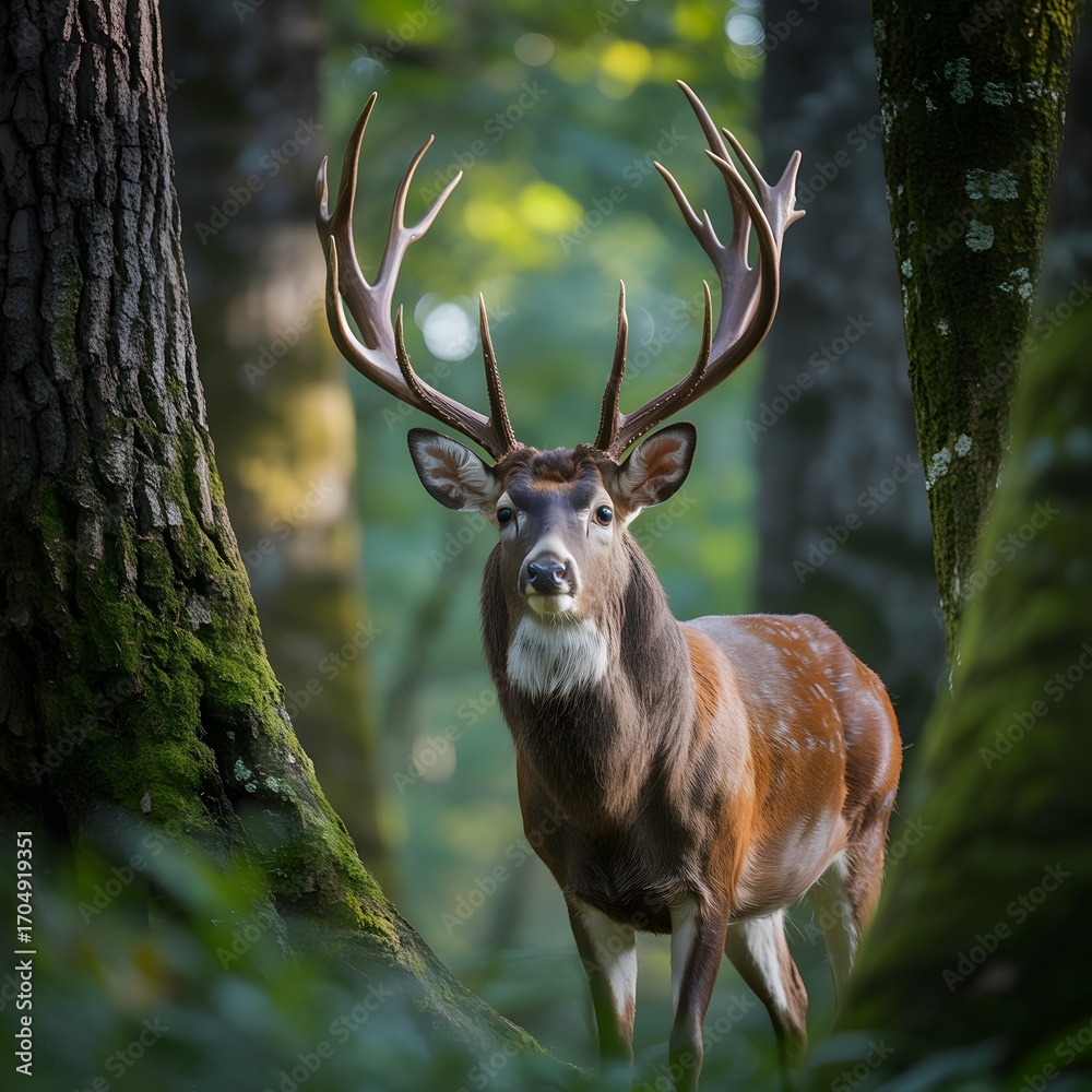 Fototapeta premium Majestic stag with antlers standing in a lush green forest