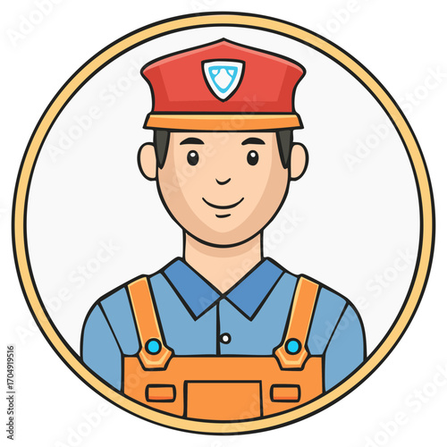 Cartoon worker in red hat wearing orange overalls inside a circle frame smiles professionally.