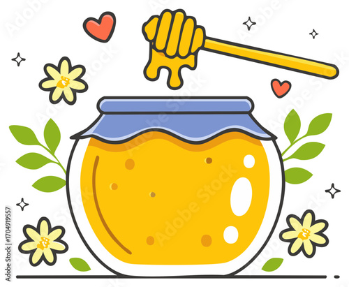Sweet Honey Jar with Dipper Flowers and Hearts Illustration