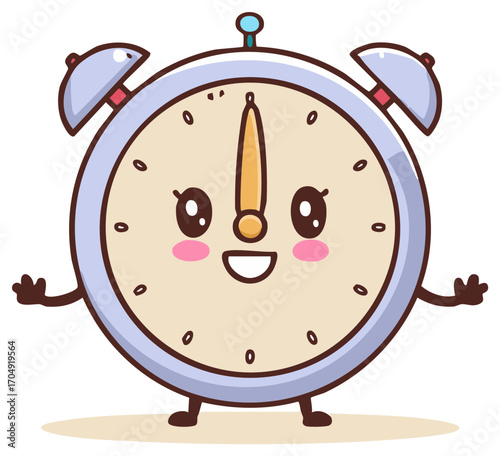 Alarm Clock Character with Happy Expression, Time Management Cartoon Illustration