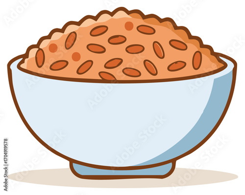 Simple cartoon illustration of a ceramic bowl filled with cooked brown or fried rice.