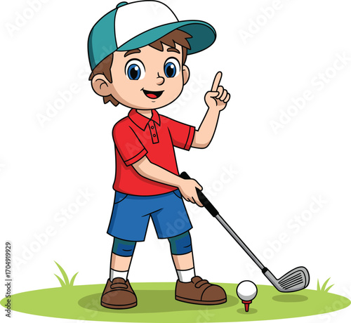 Cartoon boy playing golf with club and ball on grass, cheerful sports character illustration for kids, outdoor activity, and learning 