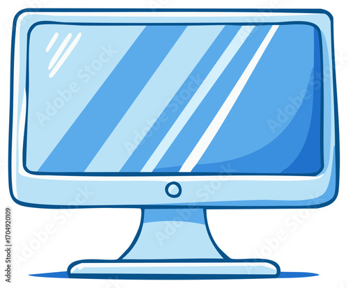 Cartoon illustration of a classic computer monitor display in blue tones with a blank screen ready for content