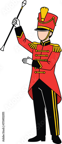Cartoon drum major in red uniform with baton, ceremonial marching band leader illustration for parade, music event, performance, and celebration vector