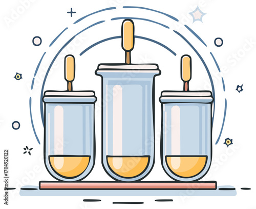 Scientific experiment with multiple test tubes containing liquid and stirring tools