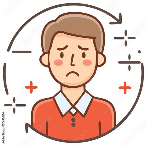 Unhappy Man Surrounded by Mathematical Symbols Illustrating Complex Thoughts and Stressful Decisions