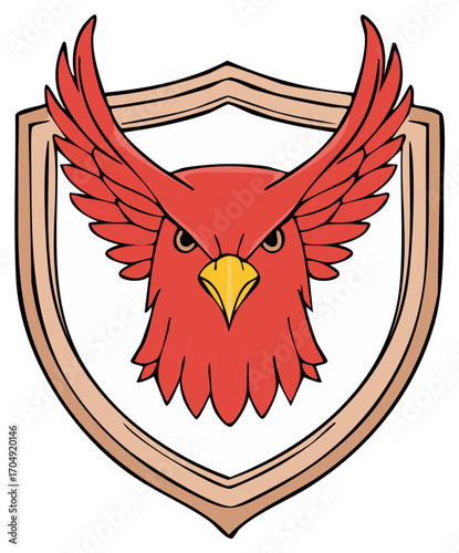 Red bird heraldry design with an angry face and wings. Symbolic emblem on a shield.