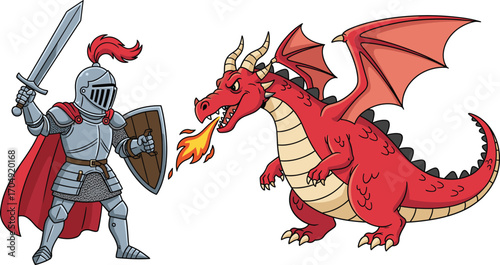 Cartoon knight fighting dragon with sword and shield, fantasy battle illustration for game design, storytelling, medieval adventure, and hero themes