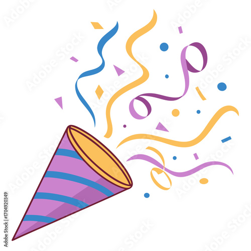 Vector art of party popper exploding with colorful confetti and streamers