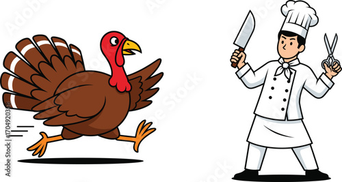 Cartoon turkey running from chef with knife and scissors, funny holiday escape scene for Thanksgiving, cooking humor, and festive illustration
