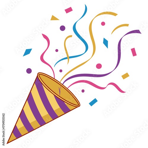Vector art of party popper exploding with colorful confetti and streamers