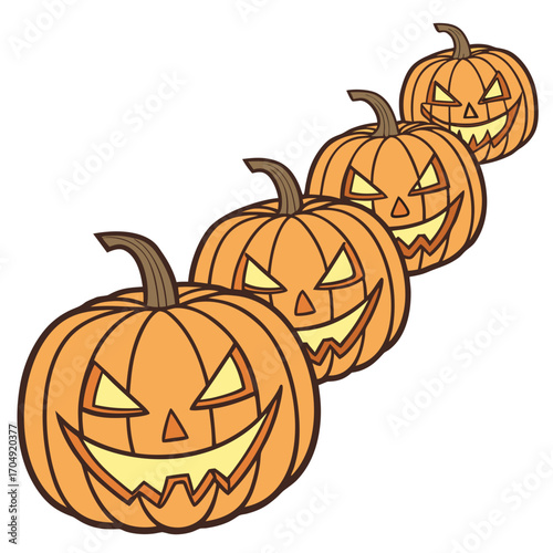 Vector art of four carved jackolantern pumpkins in a row