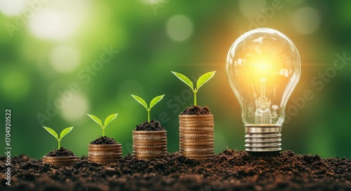 Growing plants on coins with a glowing light bulb symbolizing investment growth