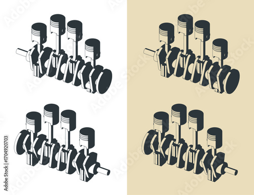 Crankshaft and pistons illustrations