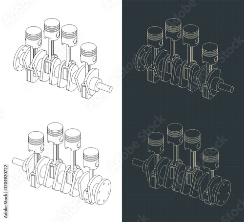 Crankshaft and pistons isometric blueprints