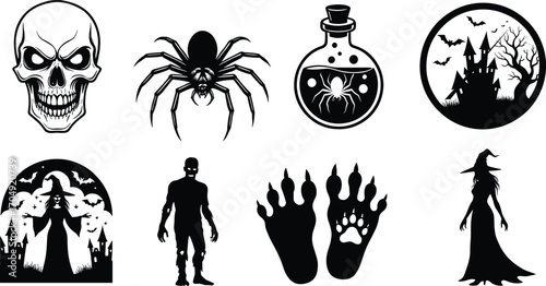 Halloween spooky skull, giant spider, magic potion, haunted castle, witch silhouette, zombie, monster footprints, and creepy Halloween night scene vector