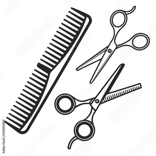 Vector art of a black and white illustration of a comb and two pairs of scissors isolated on a