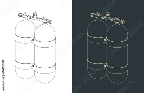 Oxygen cylinders for diving isometric blueprints
