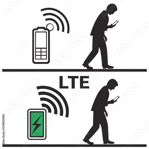 Vector art of silhouette of a man walking while using a smartphone, comparing old phone signal with lte signal and battery indicator